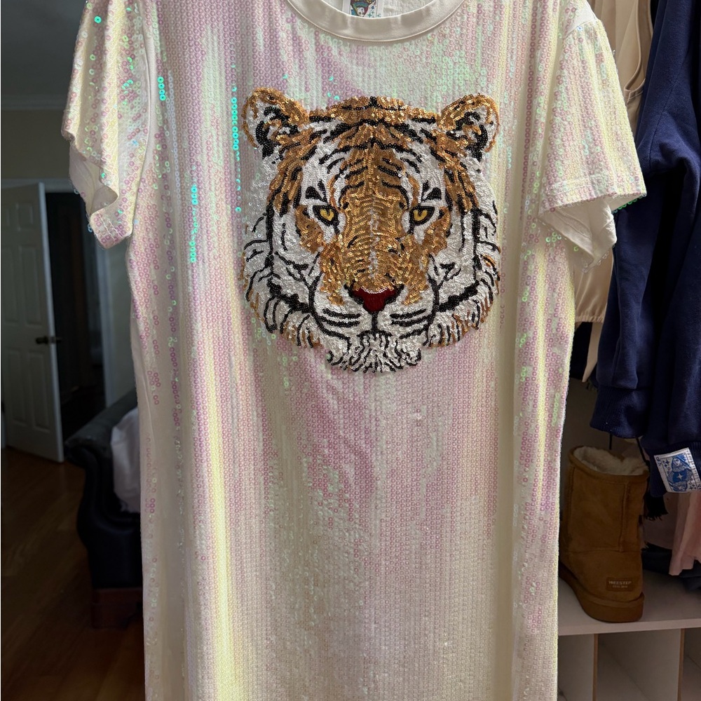 QUEEN OF SPARKLES Iridescent Sequin Tiger Mini Dress